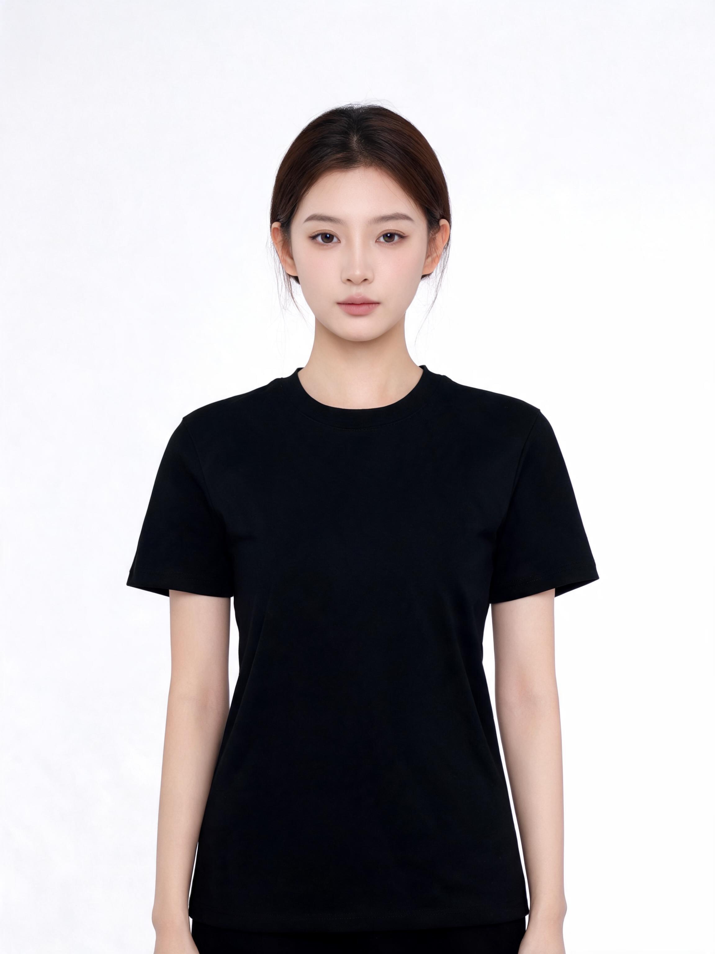 Modelo femenino con camiseta Tela Fría Pesada 240g Unisex